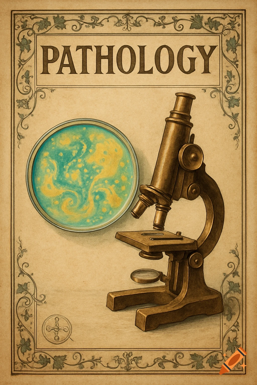 A vintage-style illustration of an old brass microscope next to a petri dish with teal and yellow liquid, set on a parchment background with decorative borders and the word "PATHOLOGY" at the top.