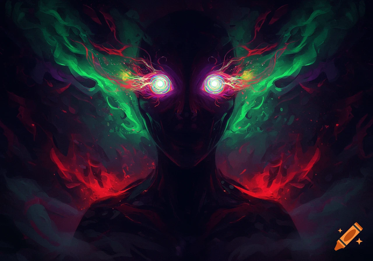 A dark, shadowy figure with bright, colorful, glowing eyes, surrounded by vibrant green and red abstract energy.