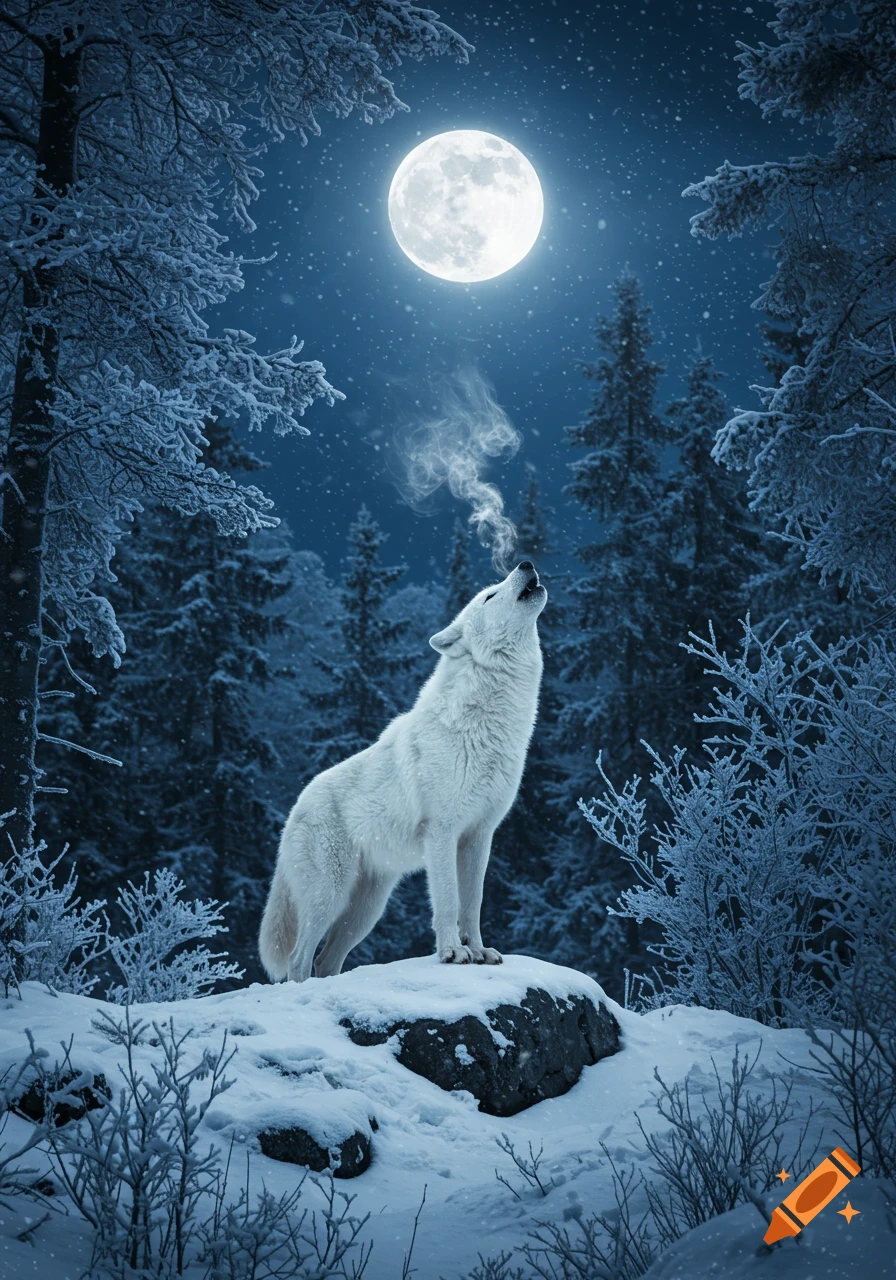A photorealistic image of a white wolf howling at a bright full moon in a snow-covered forest at night.
