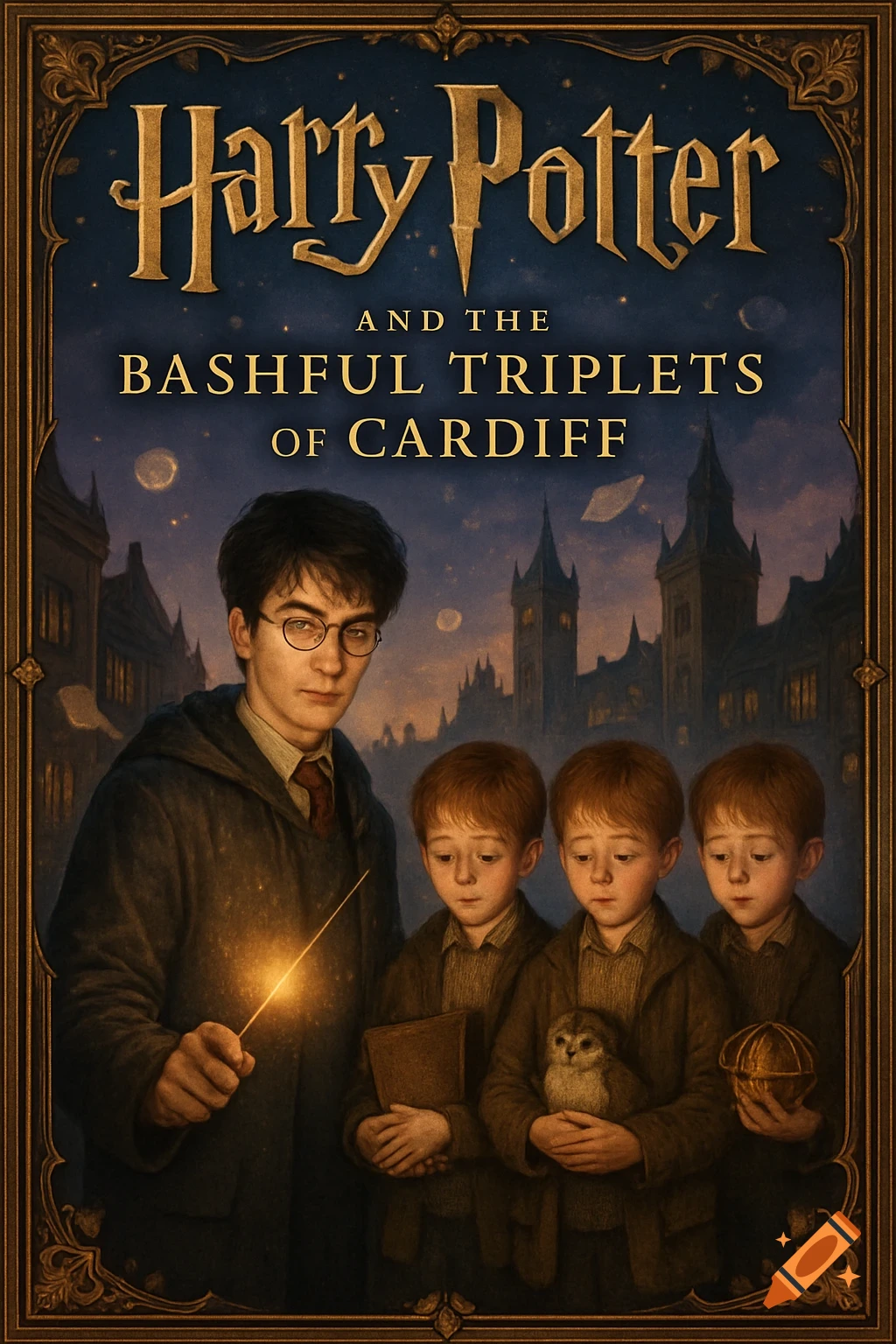 A magical book cover featuring Harry Potter with a glowing wand and three boys in a dimly lit, fantasy city.