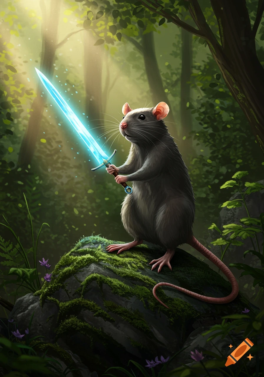A small gray rat stands on a mossy rock in a sunlit forest, holding a glowing blue sword.