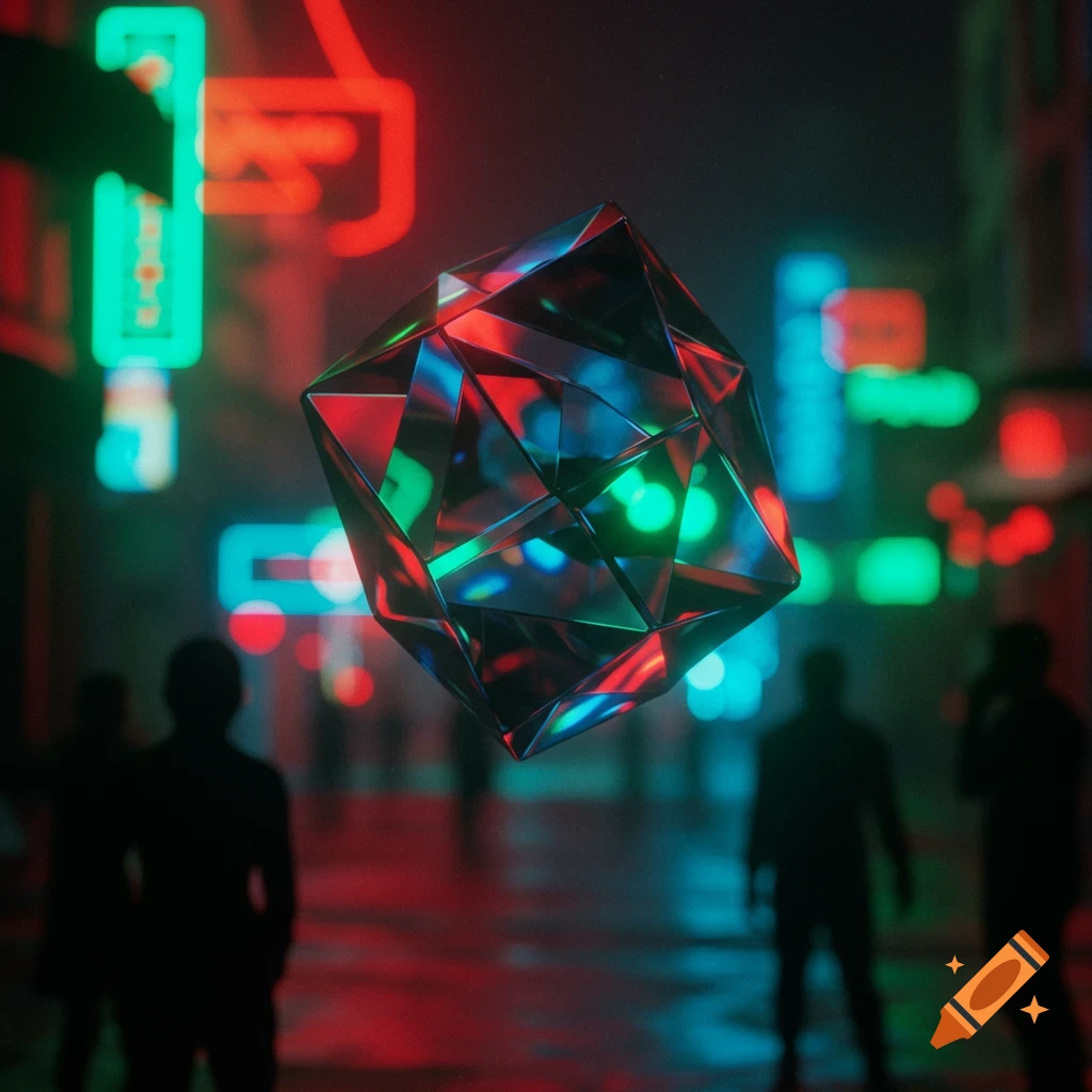 A glowing, faceted red and green crystal floats above a dark, wet city street with blurred neon lights and silhouetted figures in a cyberpunk style.