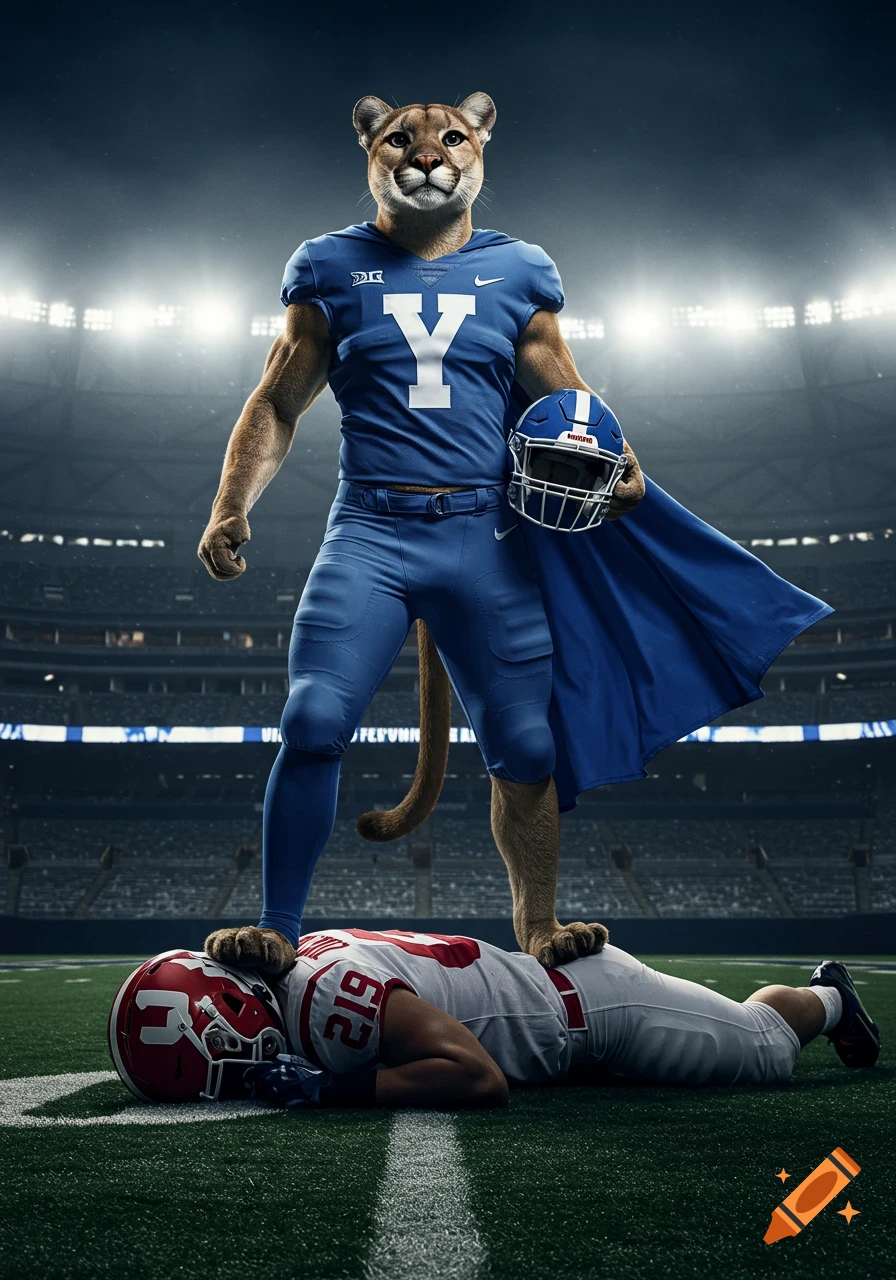 A muscular cougar in a blue football uniform with a cape stands on a fallen red-clad football player in a stadium, holding a blue helmet.