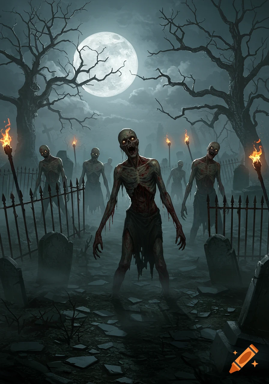 A group of zombies with glowing eyes and tattered clothes stand in a foggy graveyard under a large full moon, with barren trees and torches.