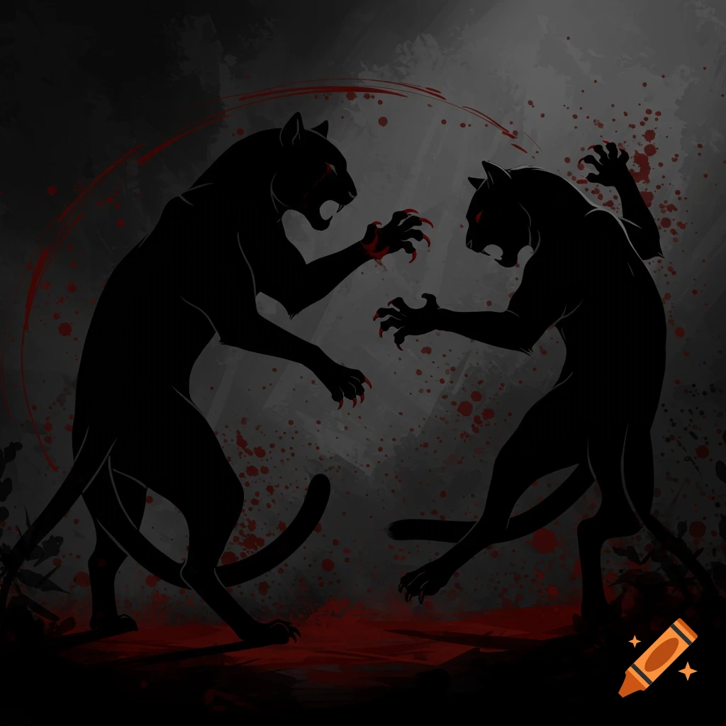 Two black panther silhouettes with red eyes and claws fight amidst red blood splatters on a dark background.