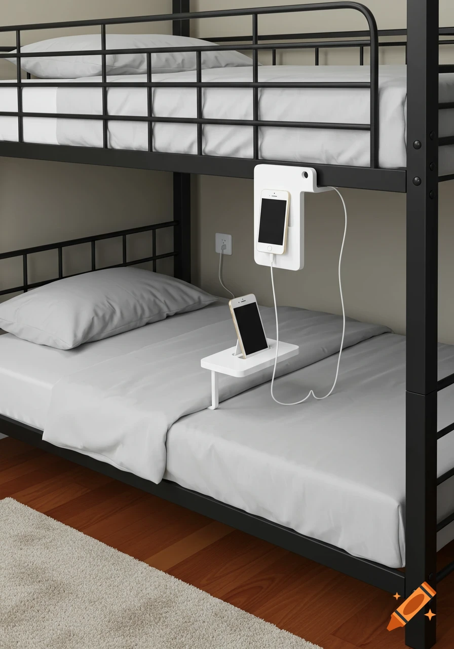 Photorealistic bunk bed with black metal frame and white bedding. A white shelf on the top bunk holds a charging smartphone, with another phone on a lower shelf, connected to a wall outlet.