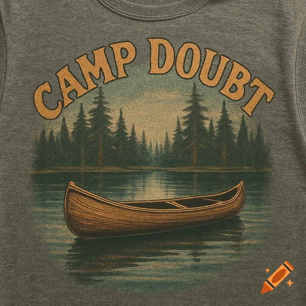 A close-up of a grey t-shirt with a vintage-style graphic featuring a canoe on a lake in front of pine trees, with the words "CAMP DOUBT" arched above.