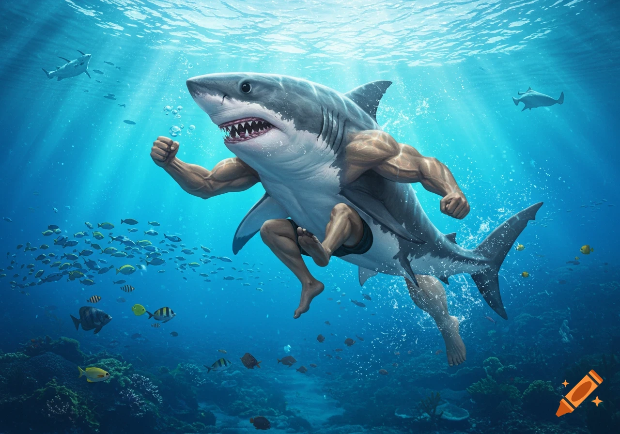 A muscular shark with human arms and legs runs underwater amidst fish and coral reefs.