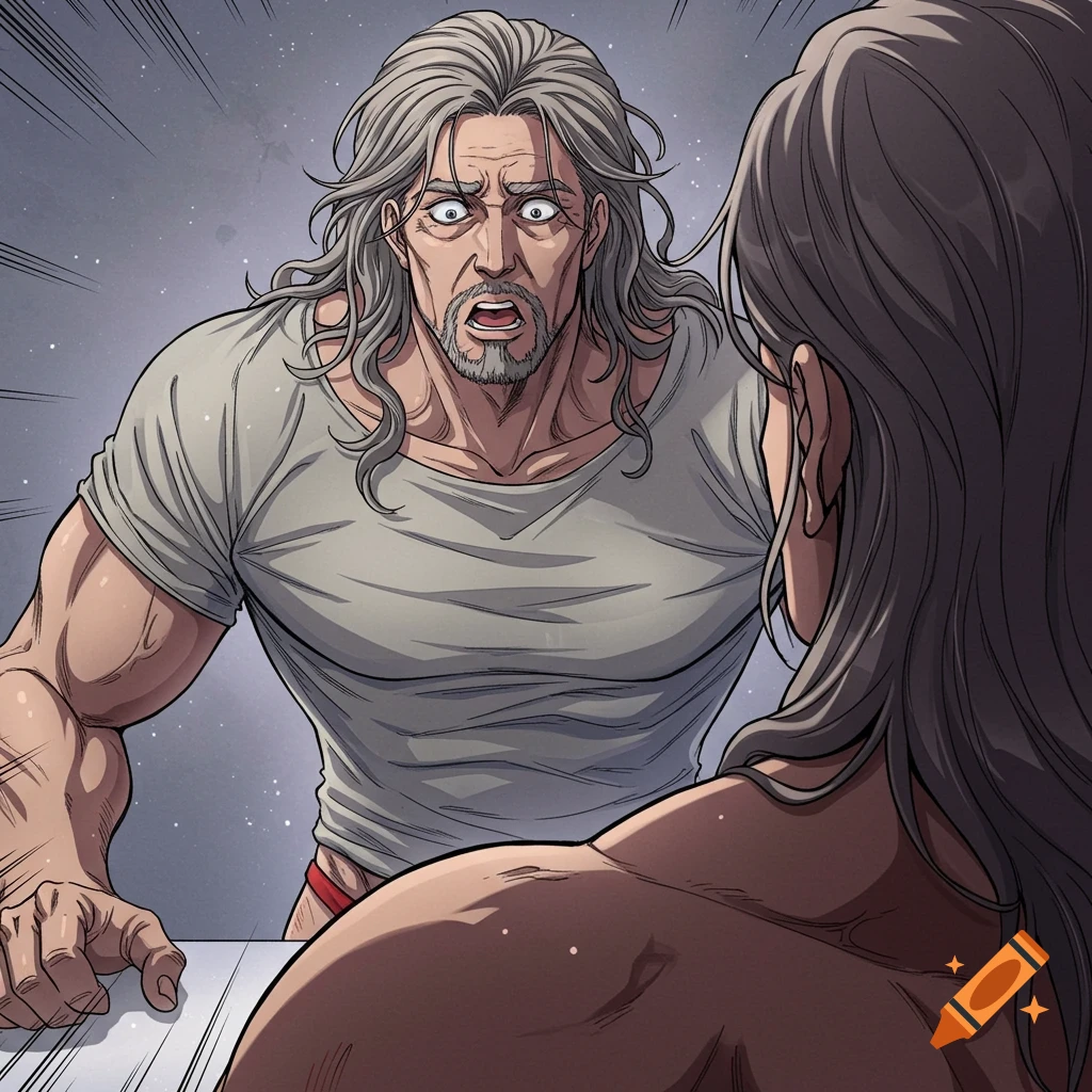 A muscular man with long gray hair and a beard, looking shocked at his reflection in an anime illustration style.