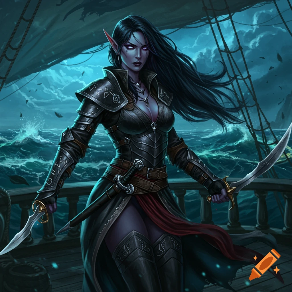 A dark elf pirate captain in black leather armor, holding two daggers, stands on a ship deck on a stormy sea. Digital fantasy art.