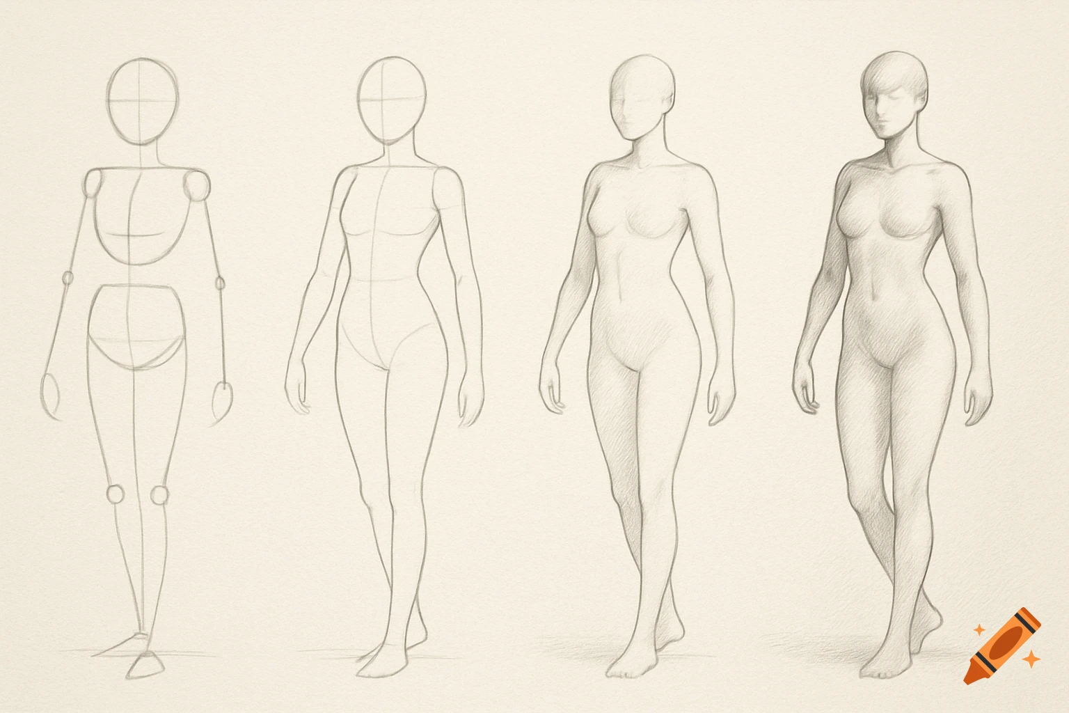 Pencil sketch demonstrating four steps of drawing a female body, from basic shapes to a detailed shaded figure.