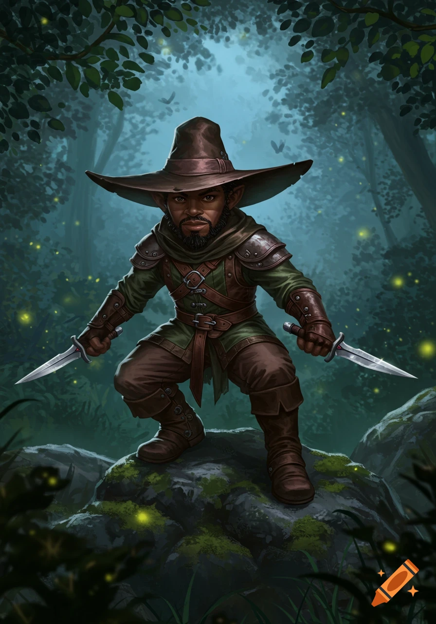 A digital painting of an African American gnome rogue in a hat, crouching with two daggers in a dark, mossy forest.