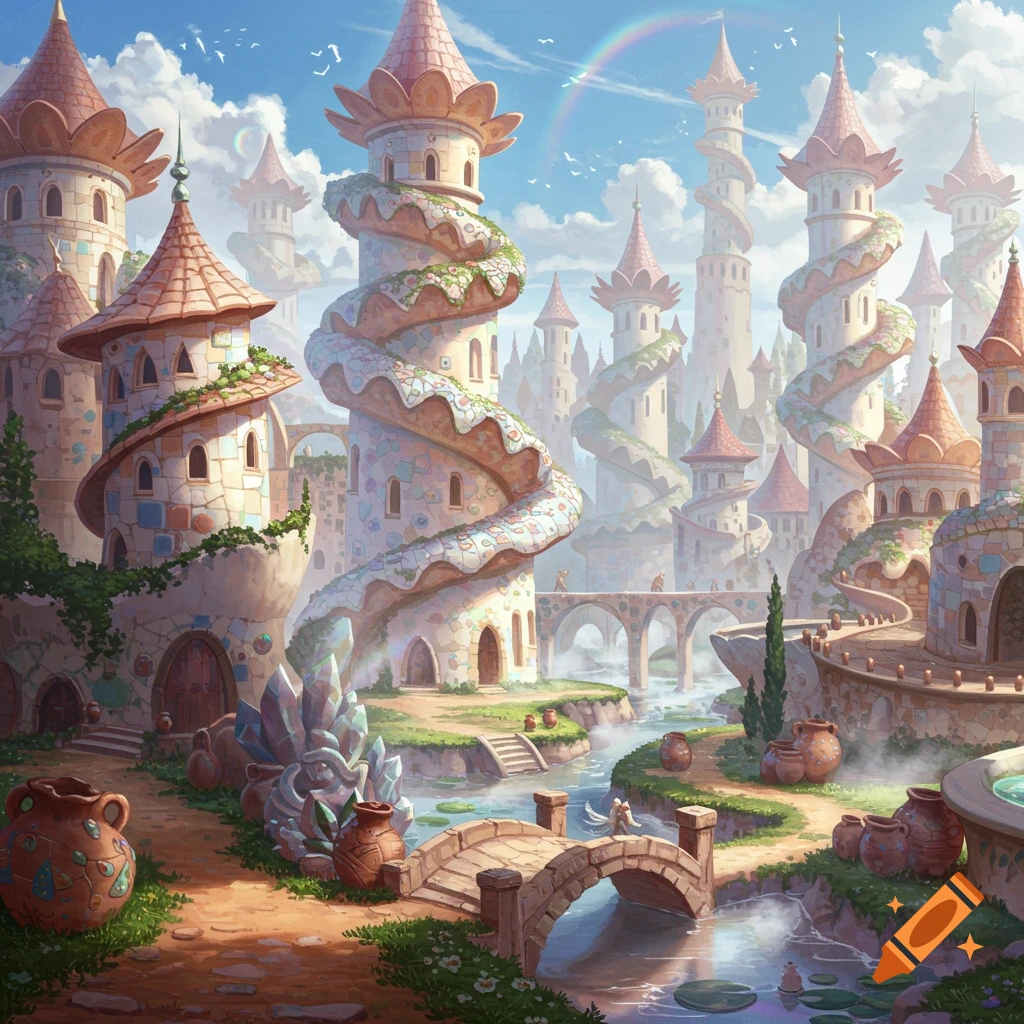 A whimsical fantasy city with spiraling clay and porcelain towers, bridges over a winding river, and a rainbow in a bright sky.