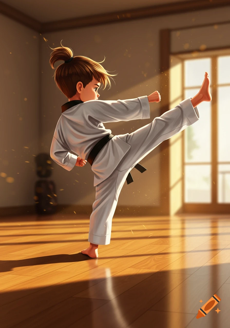 A realistic cartoon style little boy with a top knot doing a taekwondo kick in a sunlit dojo.
