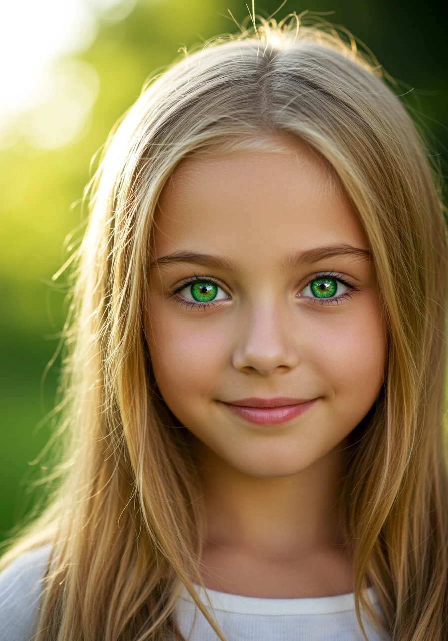 A close-up photorealistic portrait of a young girl with long blonde hair and bright green eyes, smiling outdoors with a blurred green background.