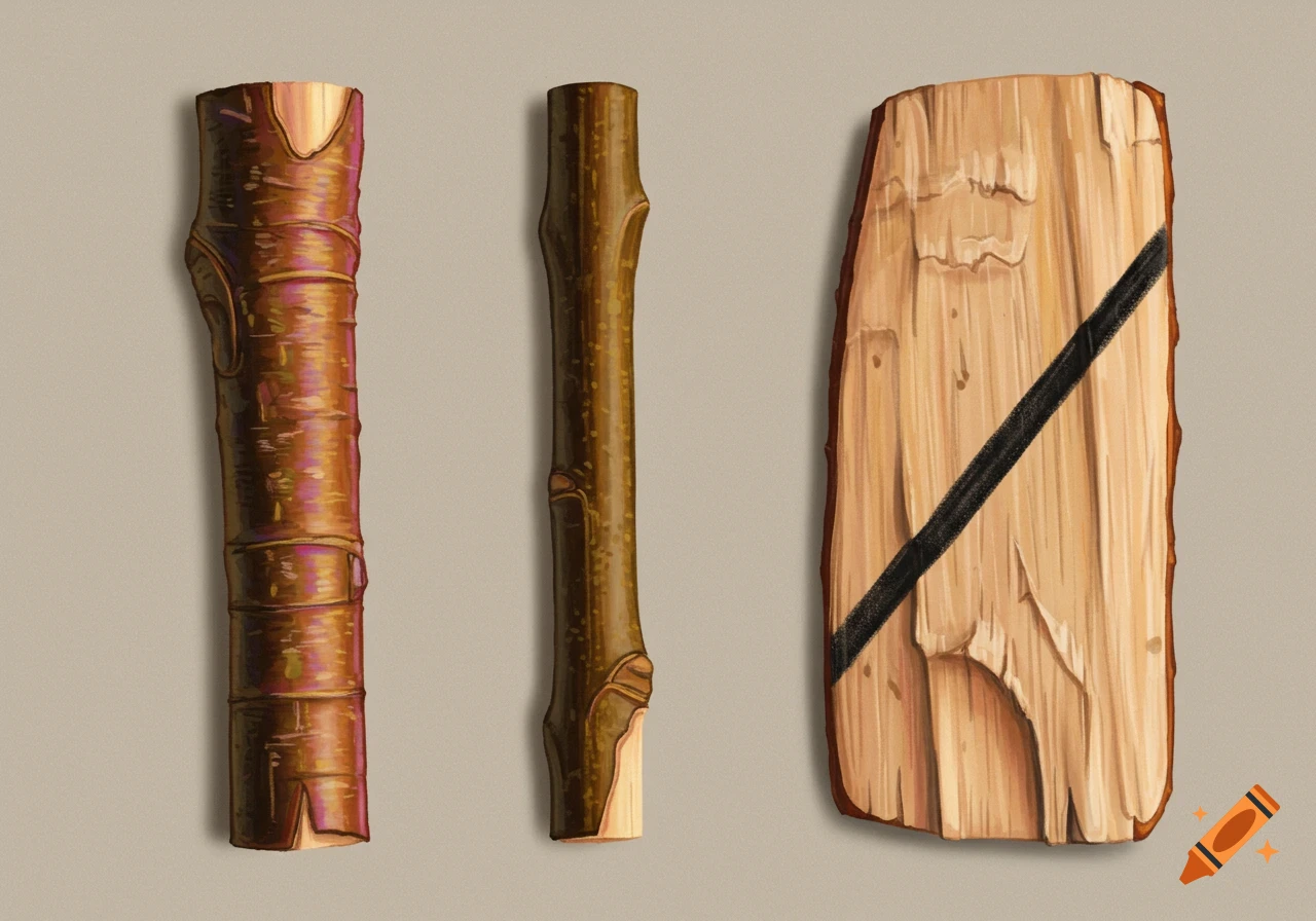 Three pieces of wood are displayed: a reddish-brown bark-covered limb, a thinner greenish-brown limb, and a light wood plank with a diagonal black mark.