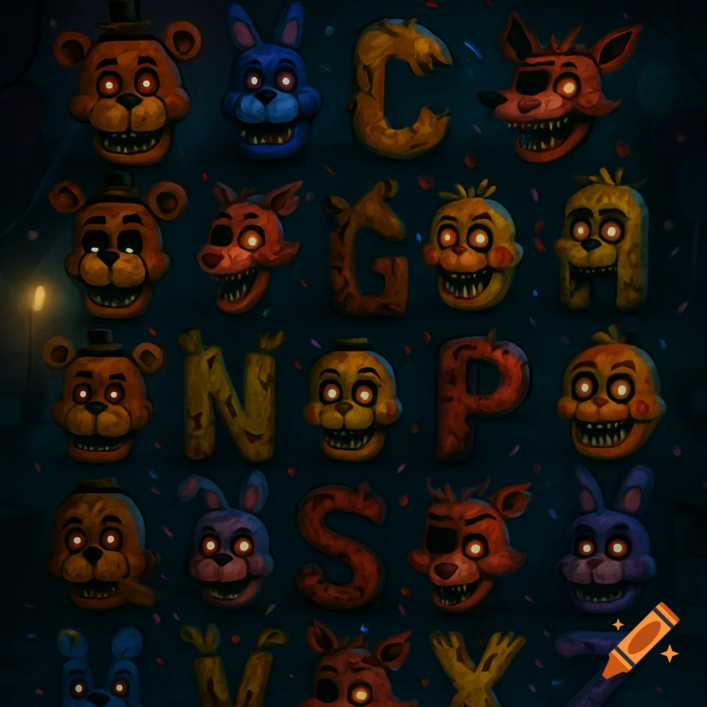 An alphabet featuring stylized, creepy Five Nights at Freddy's animatronic heads and distressed letters on a dark background.