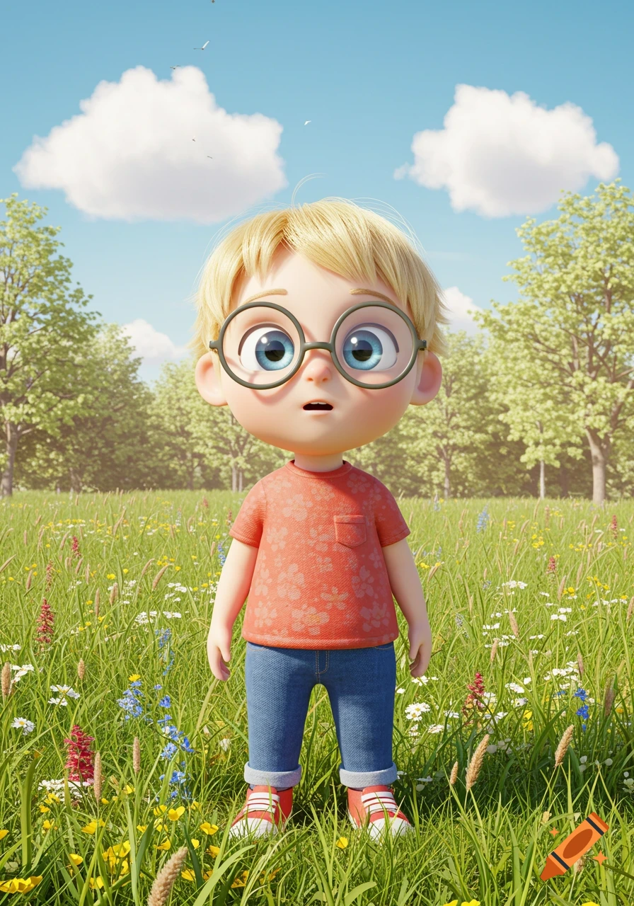 A 3D rendered cartoon boy with blonde hair and round glasses stands in a field of green grass and wildflowers under a blue sky.