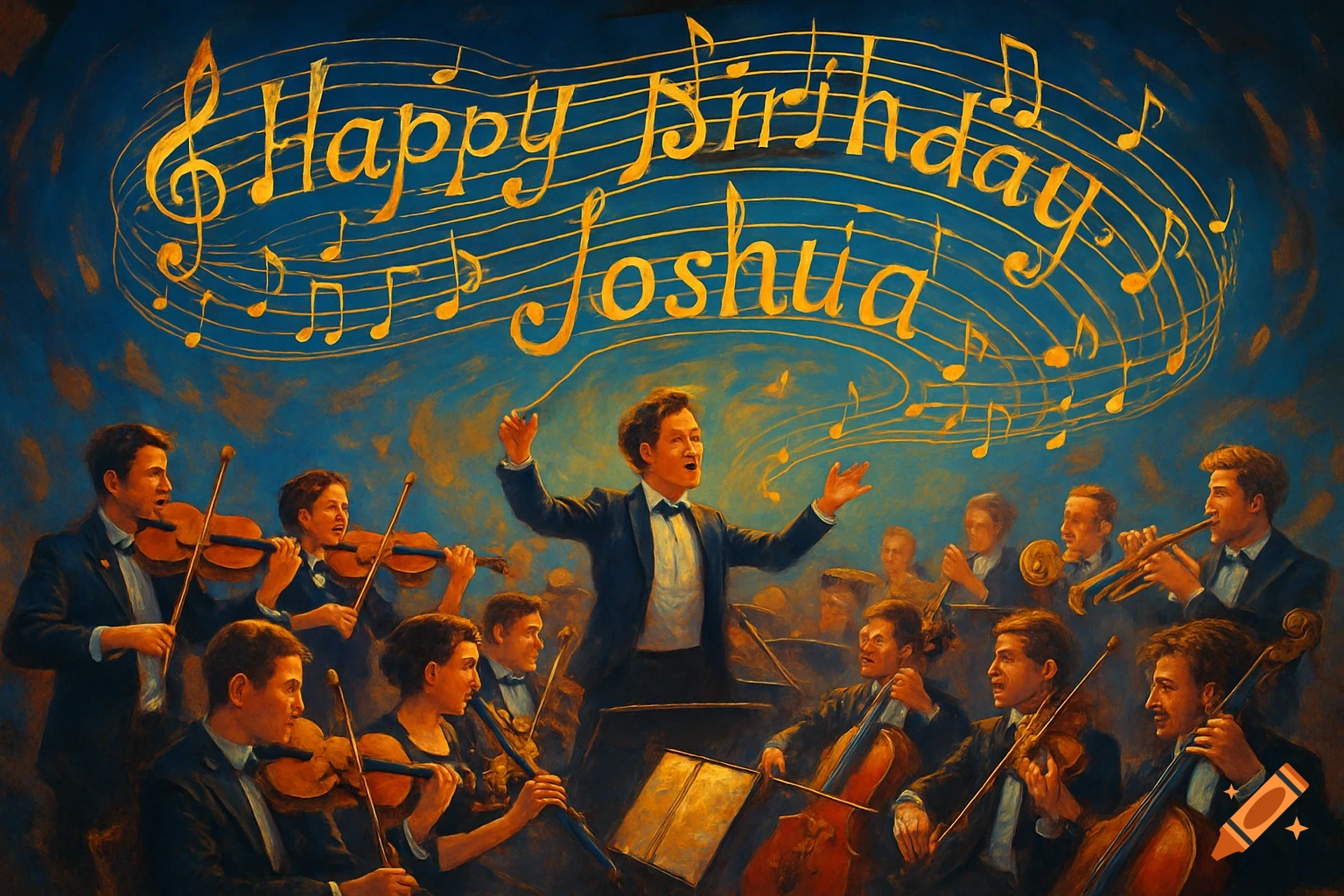 An orchestra and conductor perform under a sky with 'Happy Birthday Joshua' spelled out in golden musical notes, in a painterly style.
