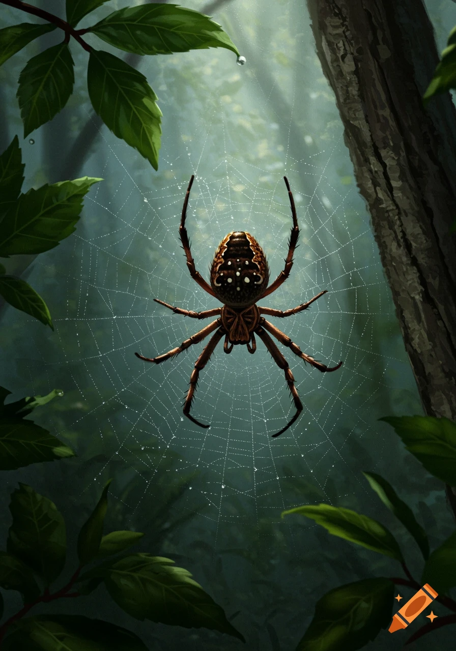 A detailed digital painting of a brown spider with white spots on its web, adorned with water droplets, in a misty green forest.