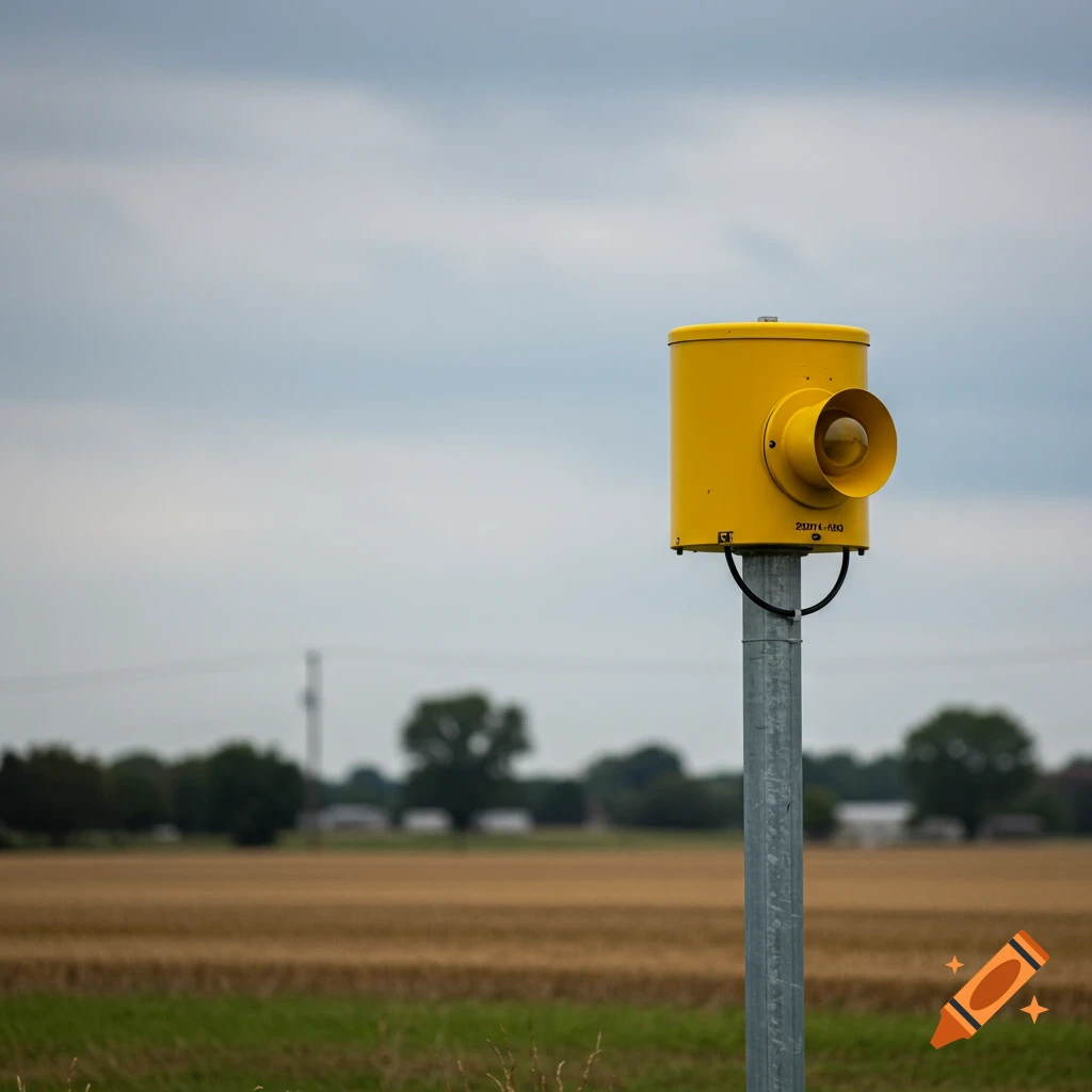A bright yellow Federal Signal 2001-130 tornado siren on a metal pole in a vast field under a cloudy sky.