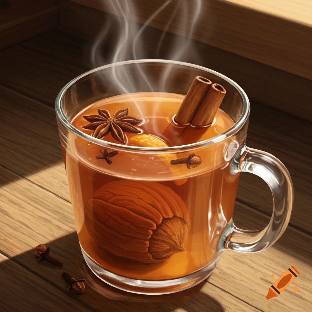 A steaming glass mug of hot cider with cinnamon sticks, star anise, cloves, orange peel, and a large nut on a wooden table.
