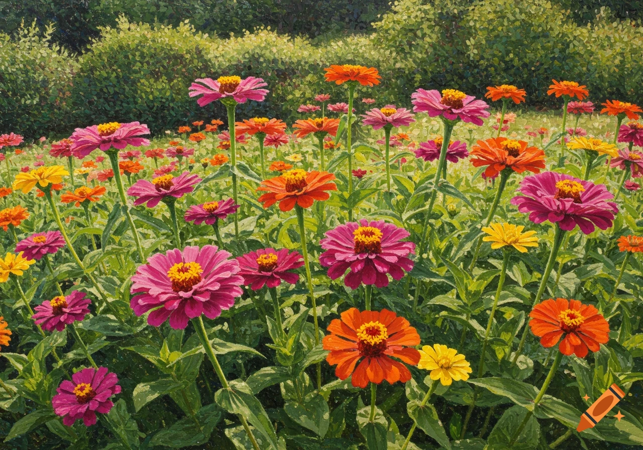 A vibrant field of pink, orange, and yellow zinnia flowers in a pointillism style.