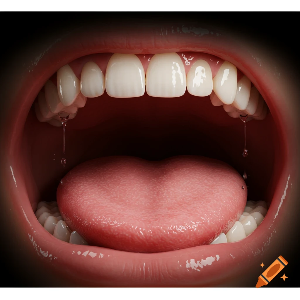 Close-up, photorealistic view of an open human mouth, showing a pink tongue, white teeth, and glistening saliva.