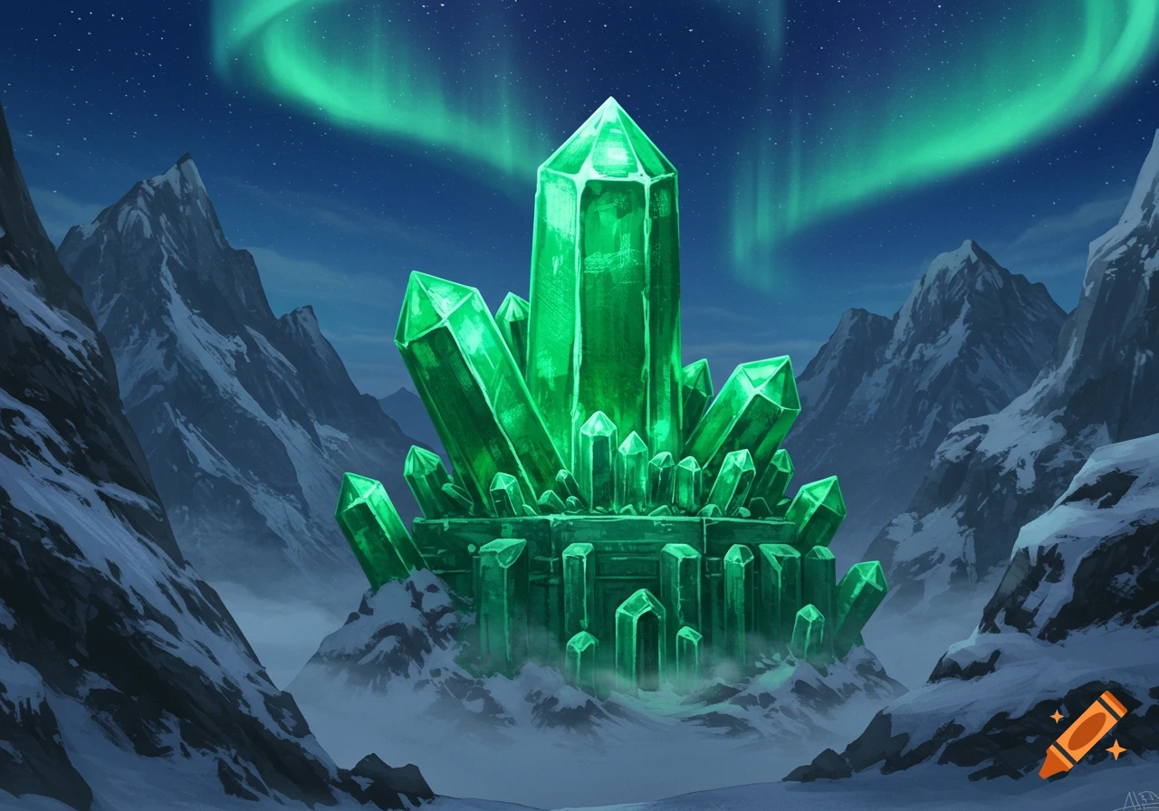 A grand emerald crystal fortress stands among snowy mountains under a vibrant green aurora borealis at night.