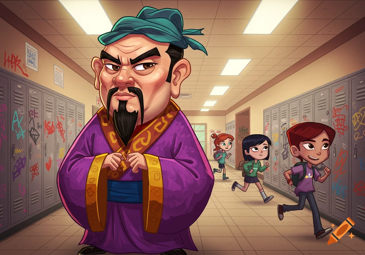 A cartoon Confucius in a purple robe stands in a school hallway with graffiti-covered lockers as three students run past.