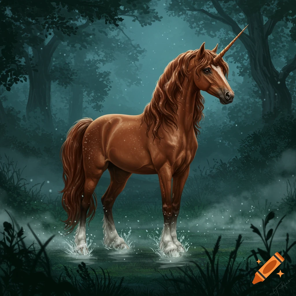 A brown unicorn with a golden horn stands in shallow water in a dark, misty forest, illuminated by soft light.
