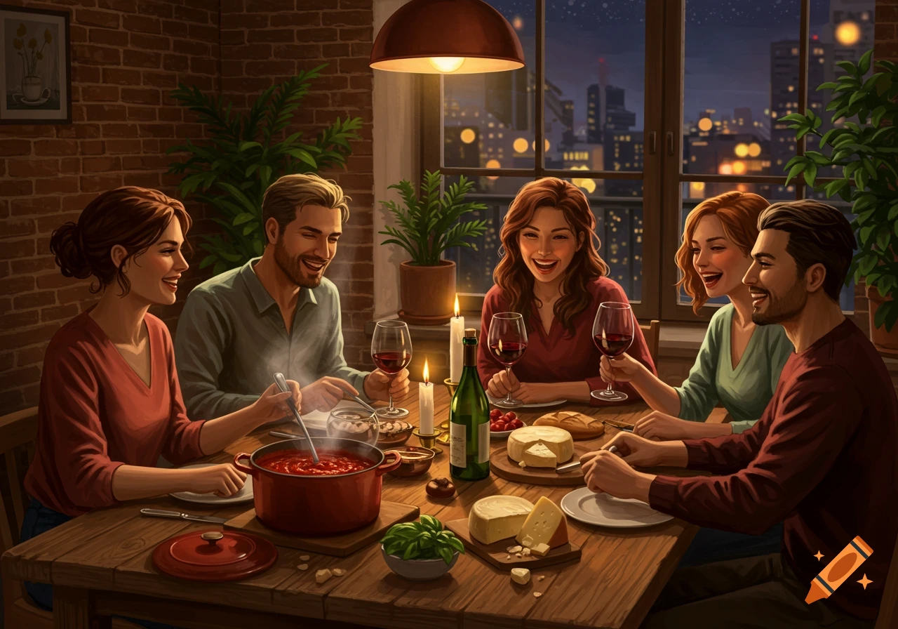 Friends enjoy a cozy dinner with wine and pasta in a warmly lit dining room with a city view at night.