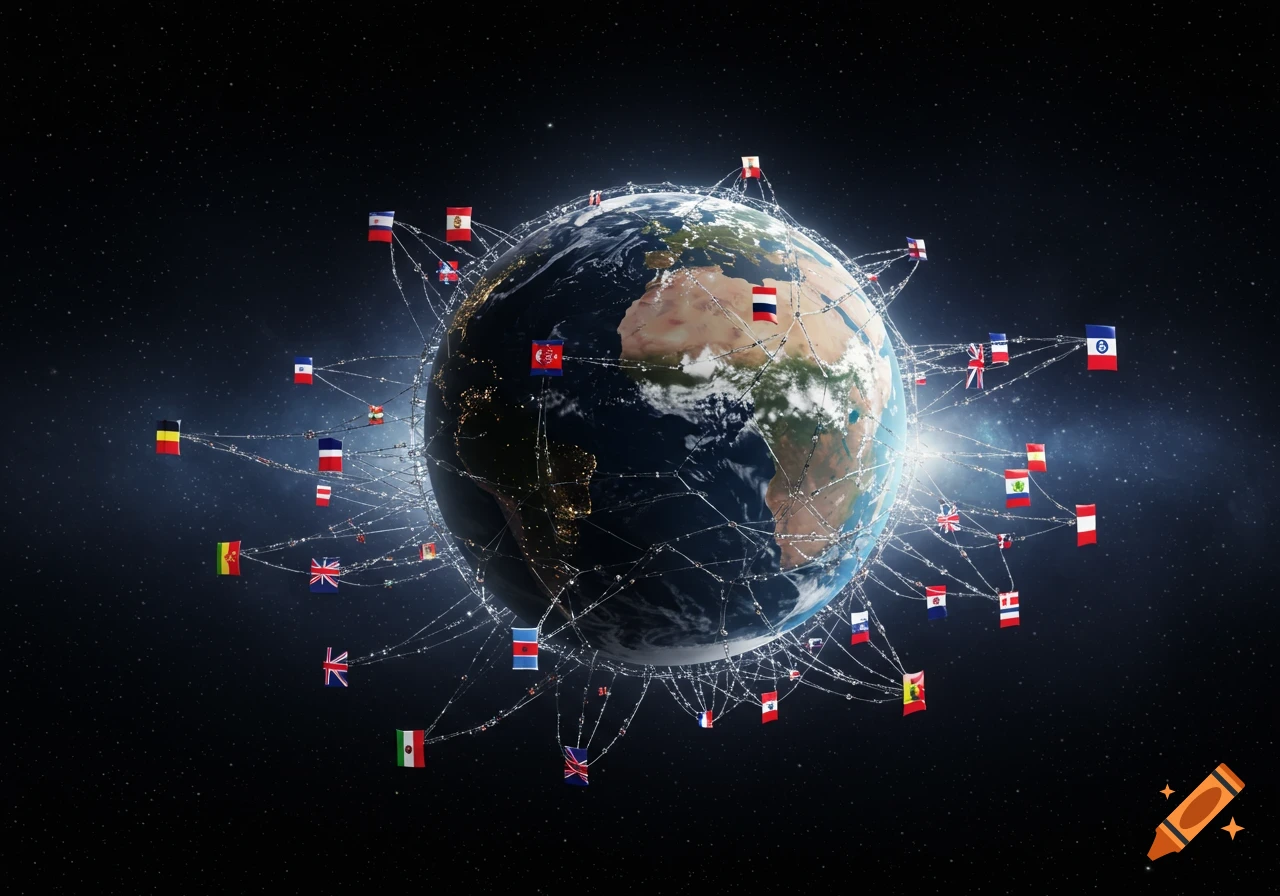 Earth in space, surrounded by a luminous web connecting numerous international flags.