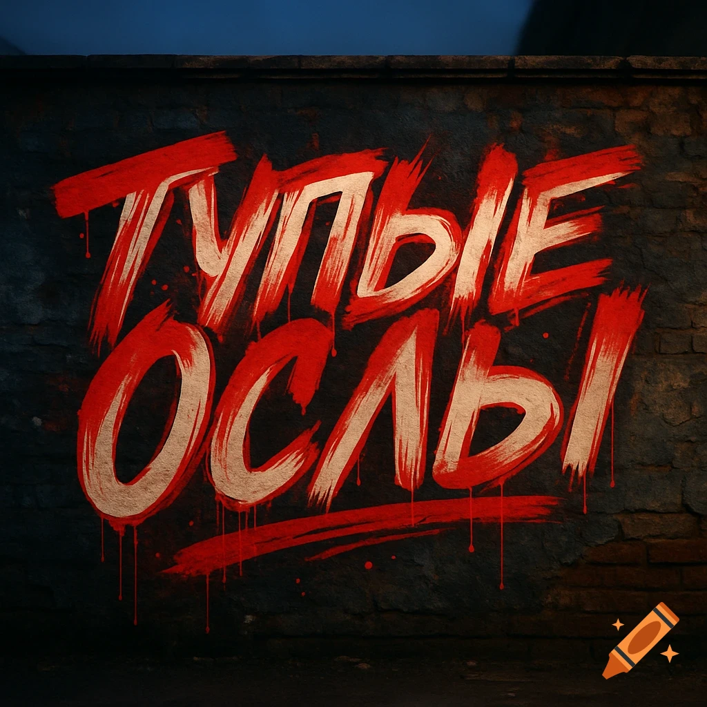 Red and beige stylized graffiti text that reads "ТУПЫЕ ОСЛЫ" (Dumb Donkeys) on a dark brick wall, with paint drips.