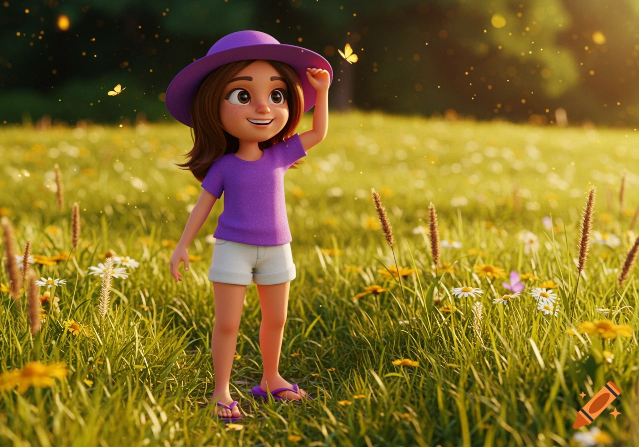 A 3D rendered cartoon girl with brown hair and a purple hat reaches for a butterfly in a sunny field of wildflowers.