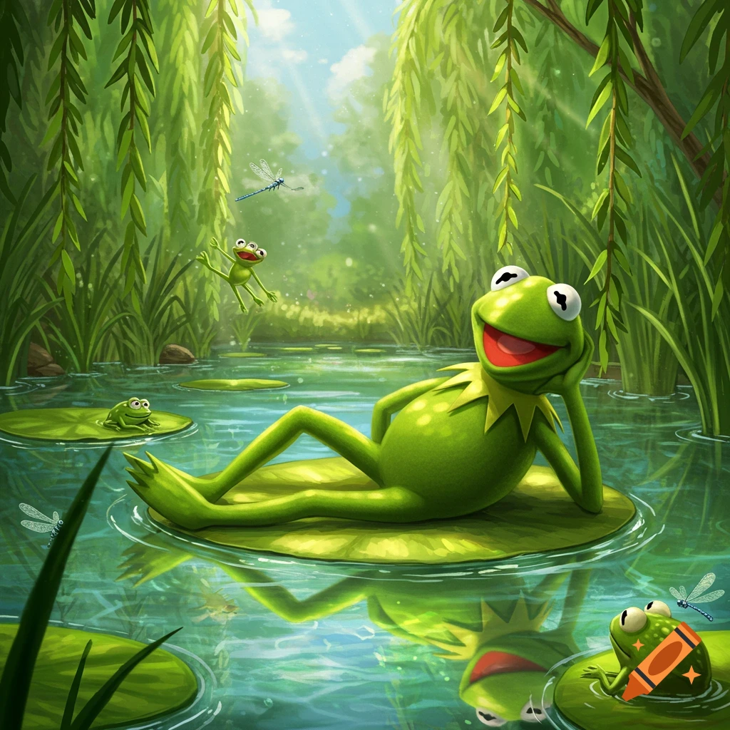 Kermit the Frog relaxes on a lily pad in a pond surrounded by lush green foliage, with other frogs and dragonflies nearby, in a vibrant cartoon style.