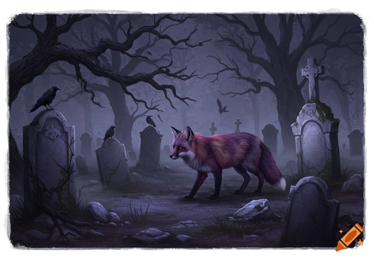 A purple fox walks through a misty, dark graveyard with old trees and crows perched on gravestones.