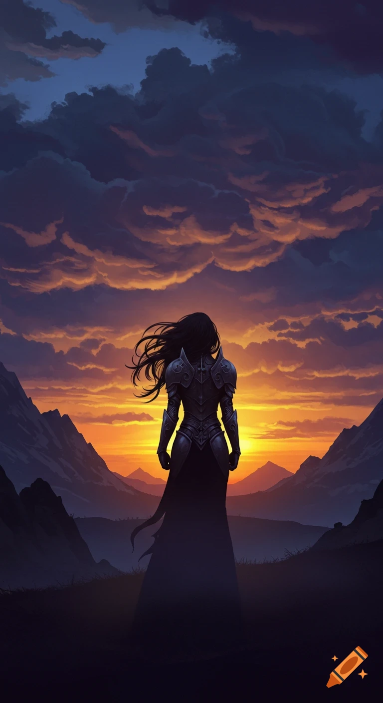 A solitary armored figure stands on a hill, overlooking mountains at a dramatic sunset, in a dark fantasy art style.