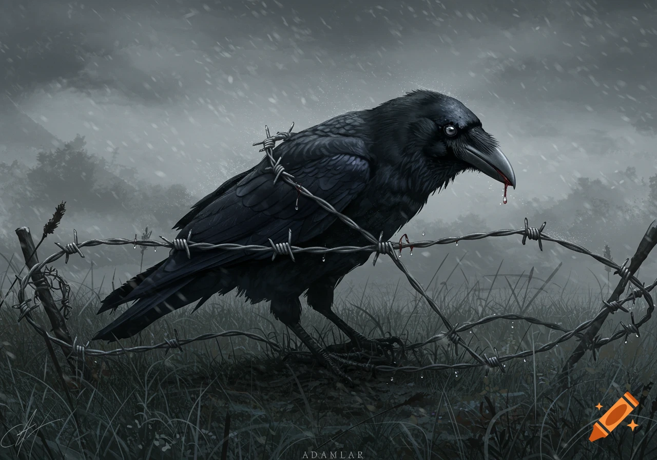 A dark, detailed illustration of a black crow entangled in barbed wire, with a drop of blood on its beak, in a rainy, gloomy landscape.