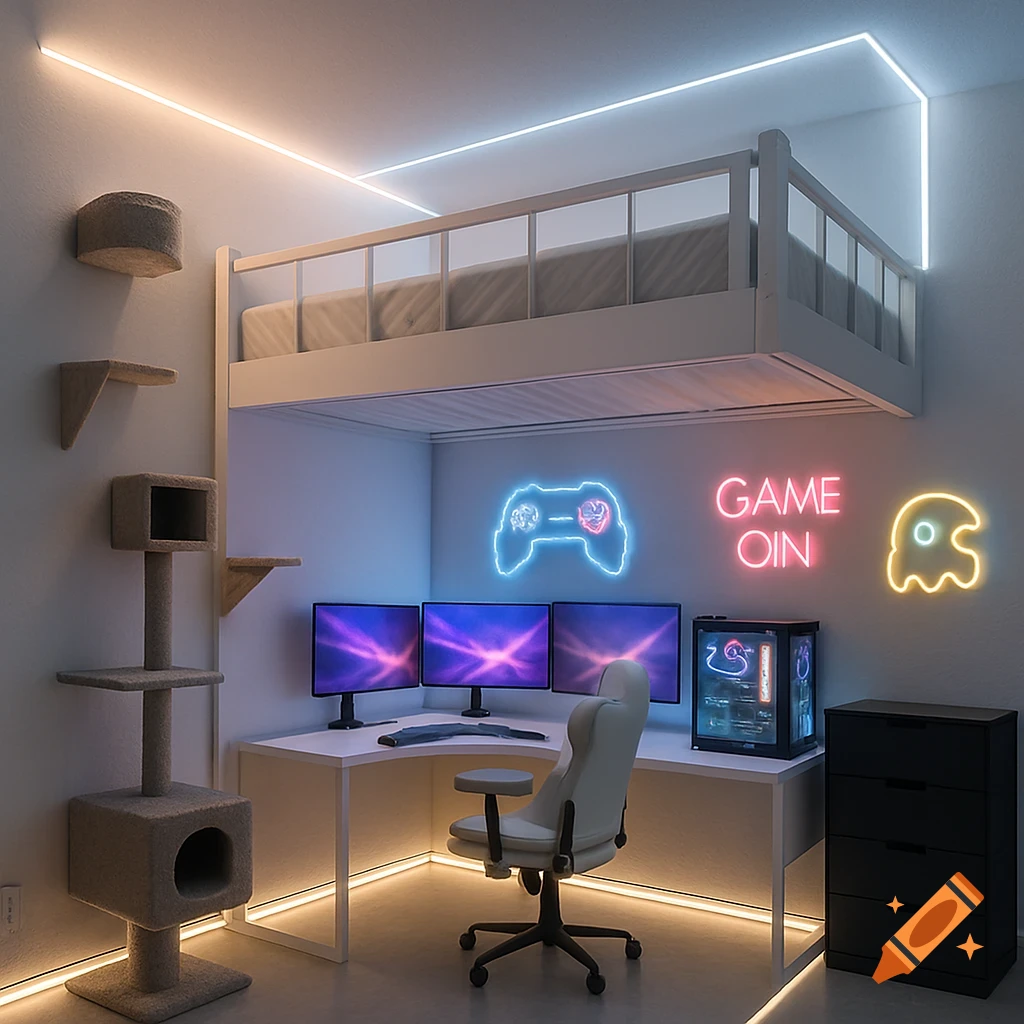 A modern gaming room features a loft bed above a desk with triple monitors, a glass gaming PC, and neon LED lights. A tall cat tree stands nearby.