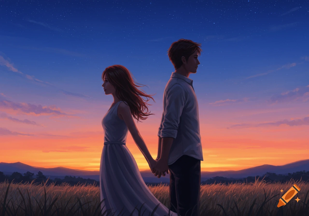 An illustration of a couple standing back to back, holding hands, in a field at sunset.