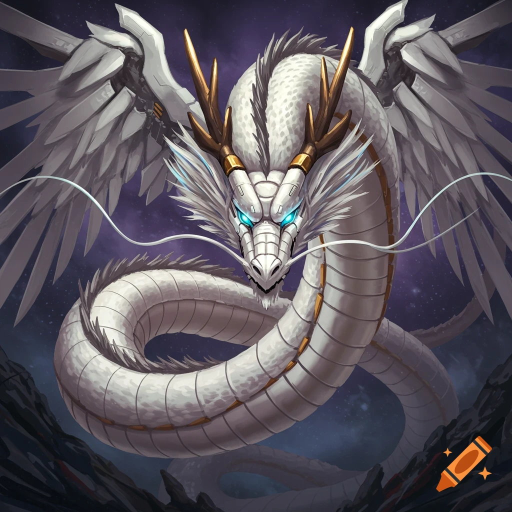 A white armored dragon with mechanical wings, gold horns, and glowing blue eyes against a dark, starry background.