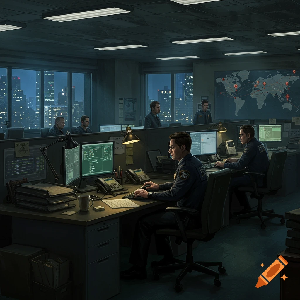 Federal agents work late in a dimly lit office with city views, monitoring data on multiple computer screens and a large world map.