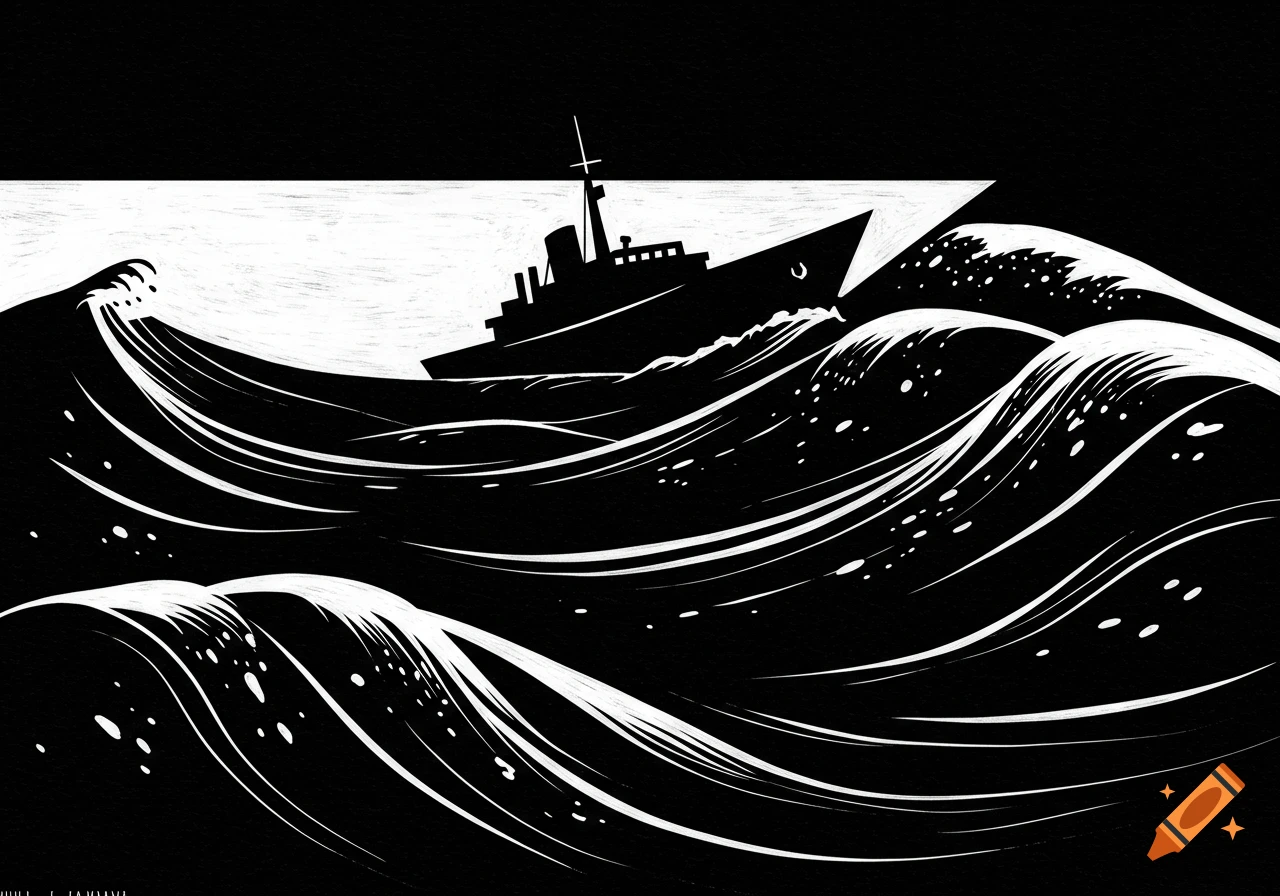 A black and white graphic illustration of a ship sailing through rough ocean waves.