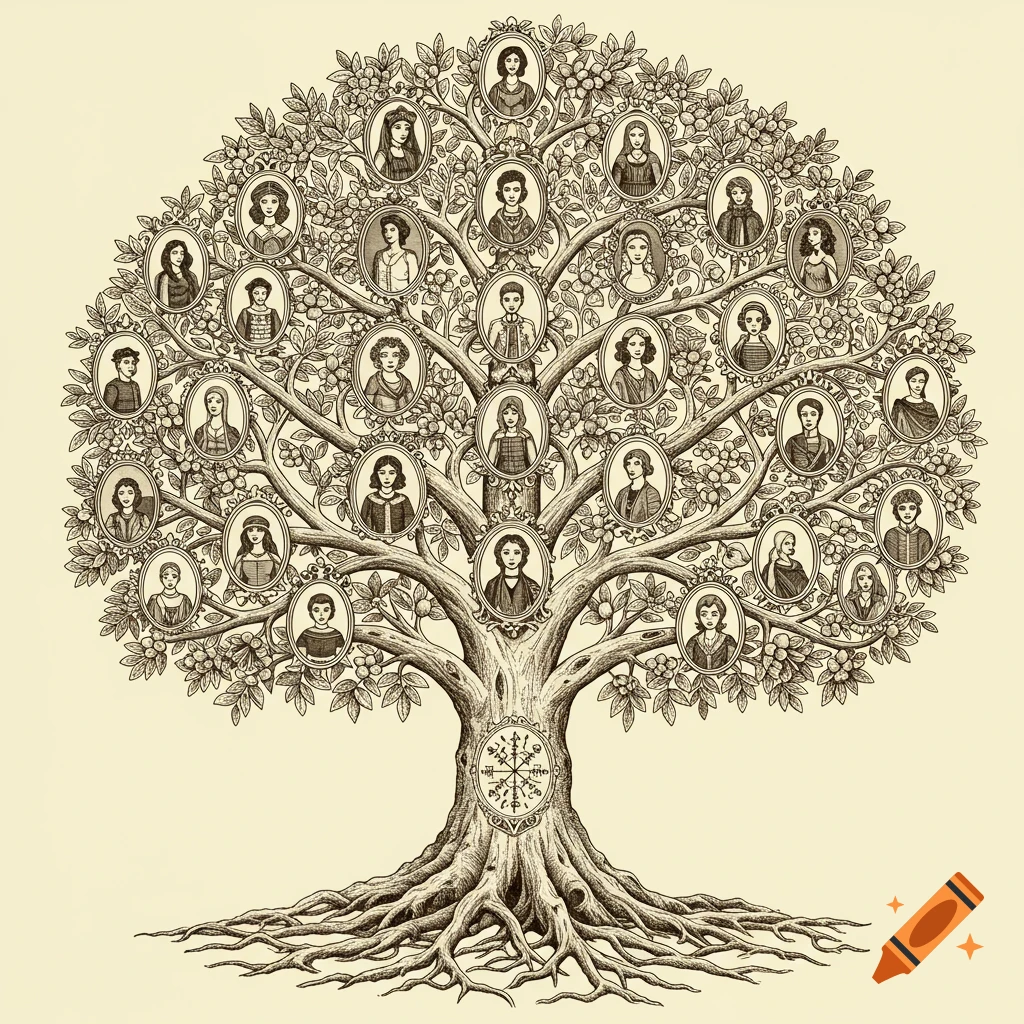 A detailed vintage ink drawing of a family tree, with numerous ancestral portraits in ornate frames on its branches.