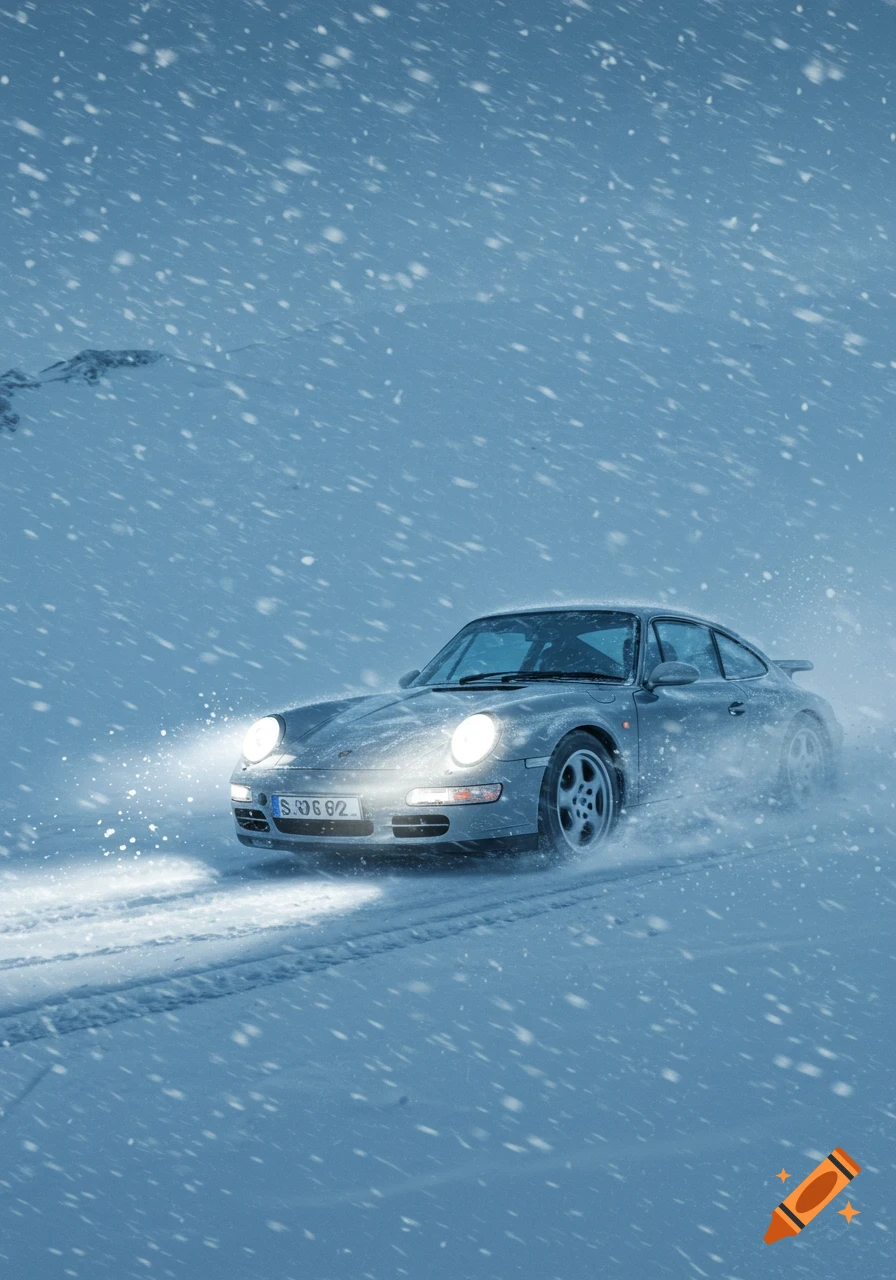A grey Porsche 911 drives through heavy snow, its headlights illuminating the path.