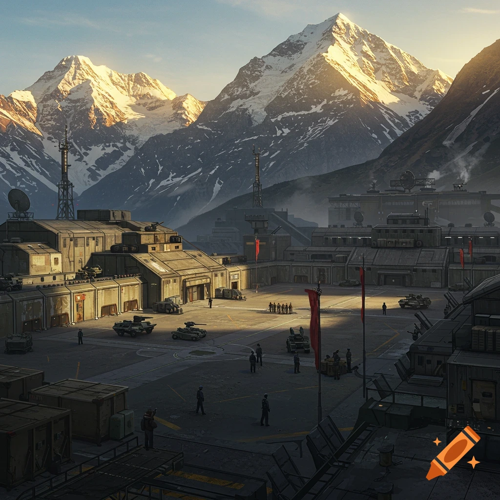 A detailed, photorealistic view of a military base nestled in a mountain valley at sunrise or sunset.