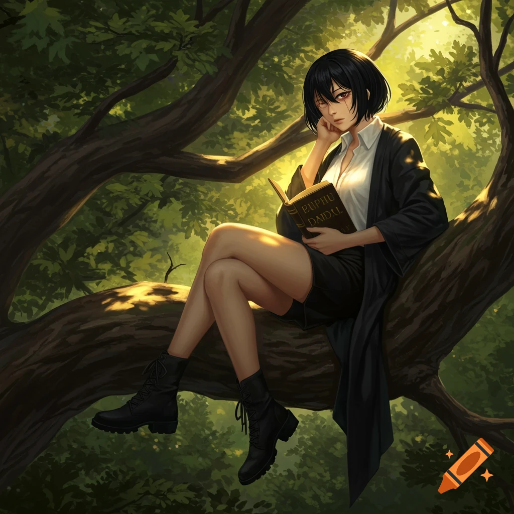 An anime woman with black hair and red eyes sits in a tree, reading a book. She wears a black robe, white shirt, black skirt, and boots.