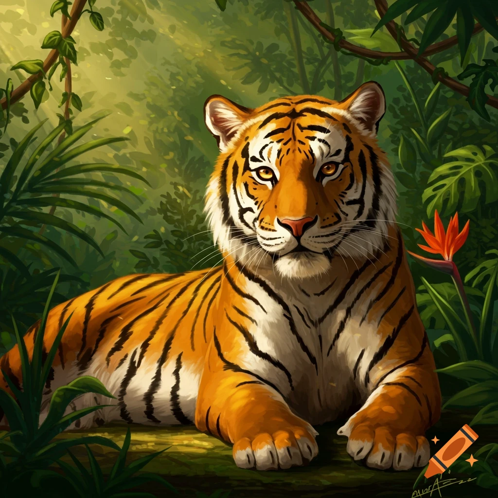 A majestic tiger lies in a lush jungle, bathed in sunlight, looking directly at the viewer.
