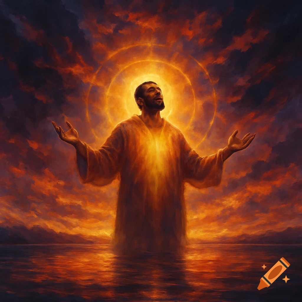 A robed man with a beard, radiating light, stands in water with arms outstretched under a dramatic, fiery sky in a painterly style.